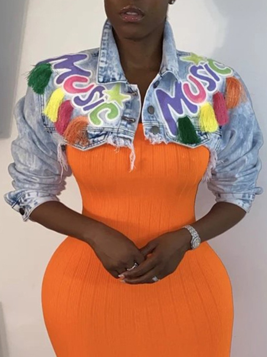 

Lovely Stylish Backless Letter Print Blue Plus Size Denim Jacket
