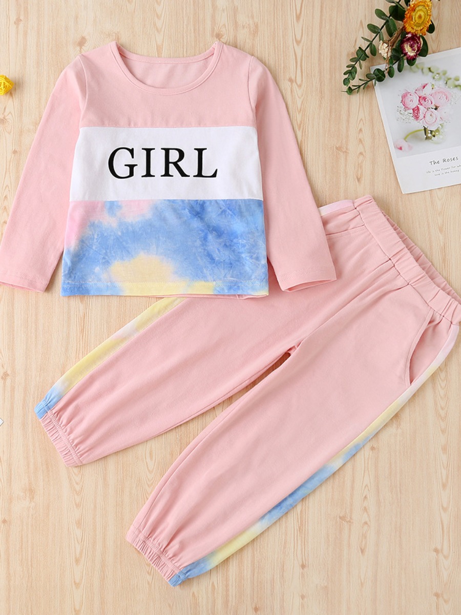 

lovely Casual O Neck Print Pink Girl Two-piece Pants Set