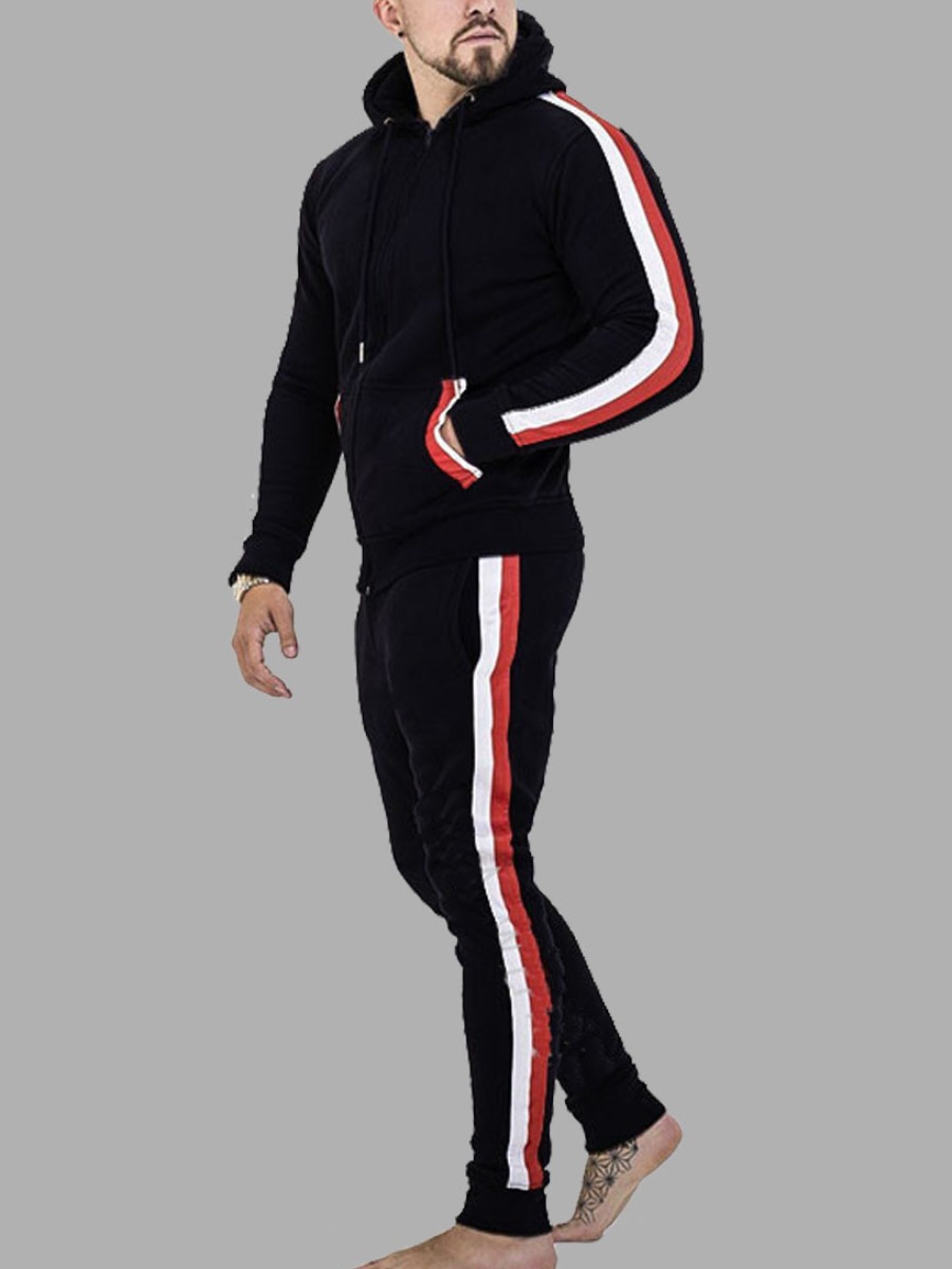 

lovely Sportswear Hooded Collar Patchwork Black Men Two-piece Pants Set