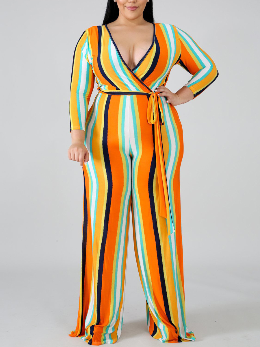 

Lovely Leisure V Neck Striped Yellow Plus Size One-piece Jumpsuit