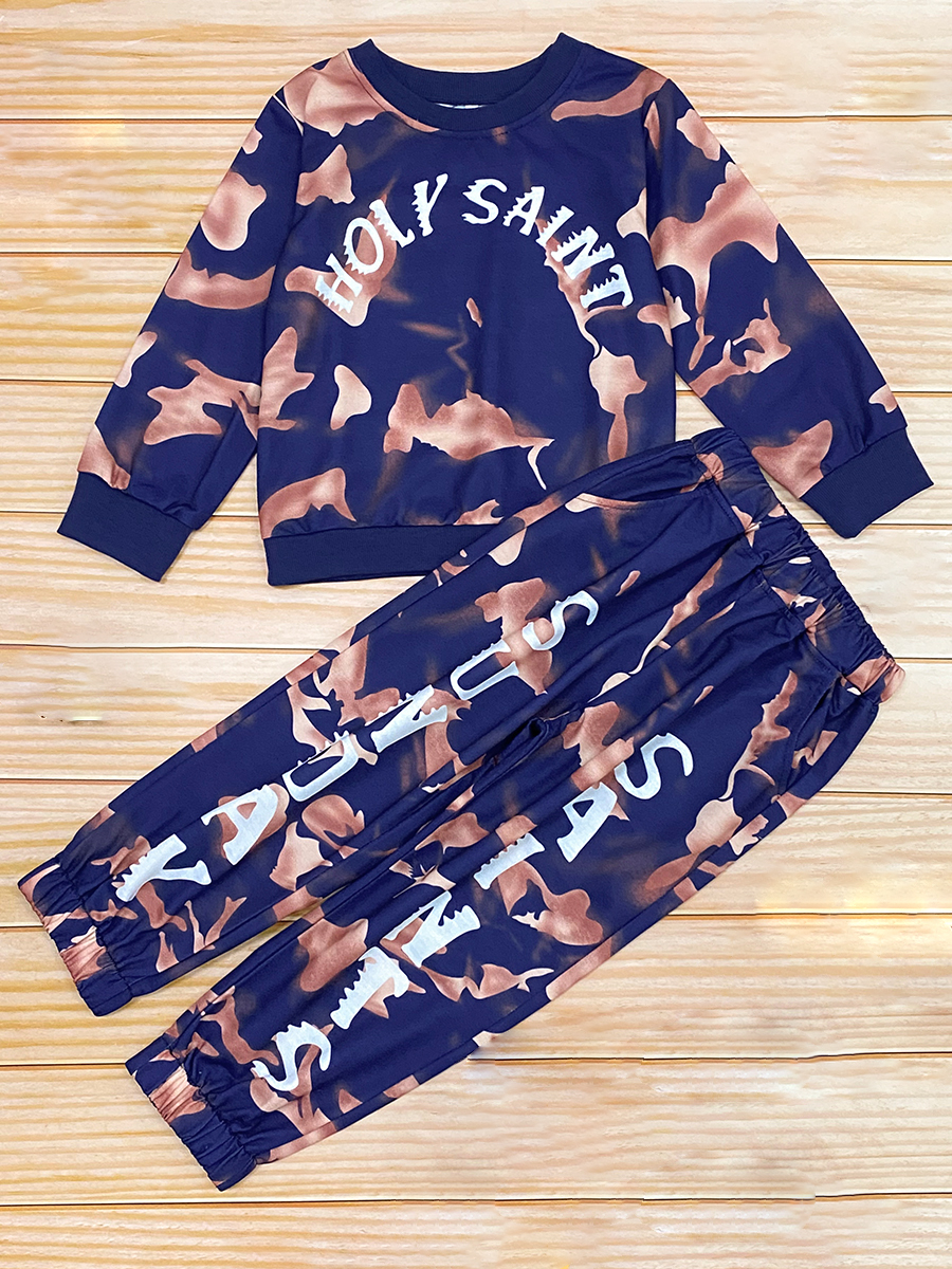 

lovely Street O Neck Letter Print Blue Girl Two-piece Pants Set