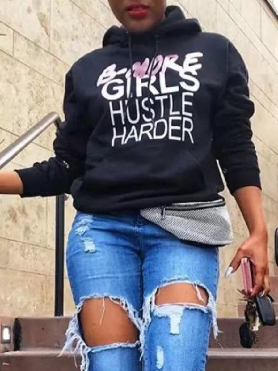 

lovely Casual Hooded Collar Letter Print Black Hoodie