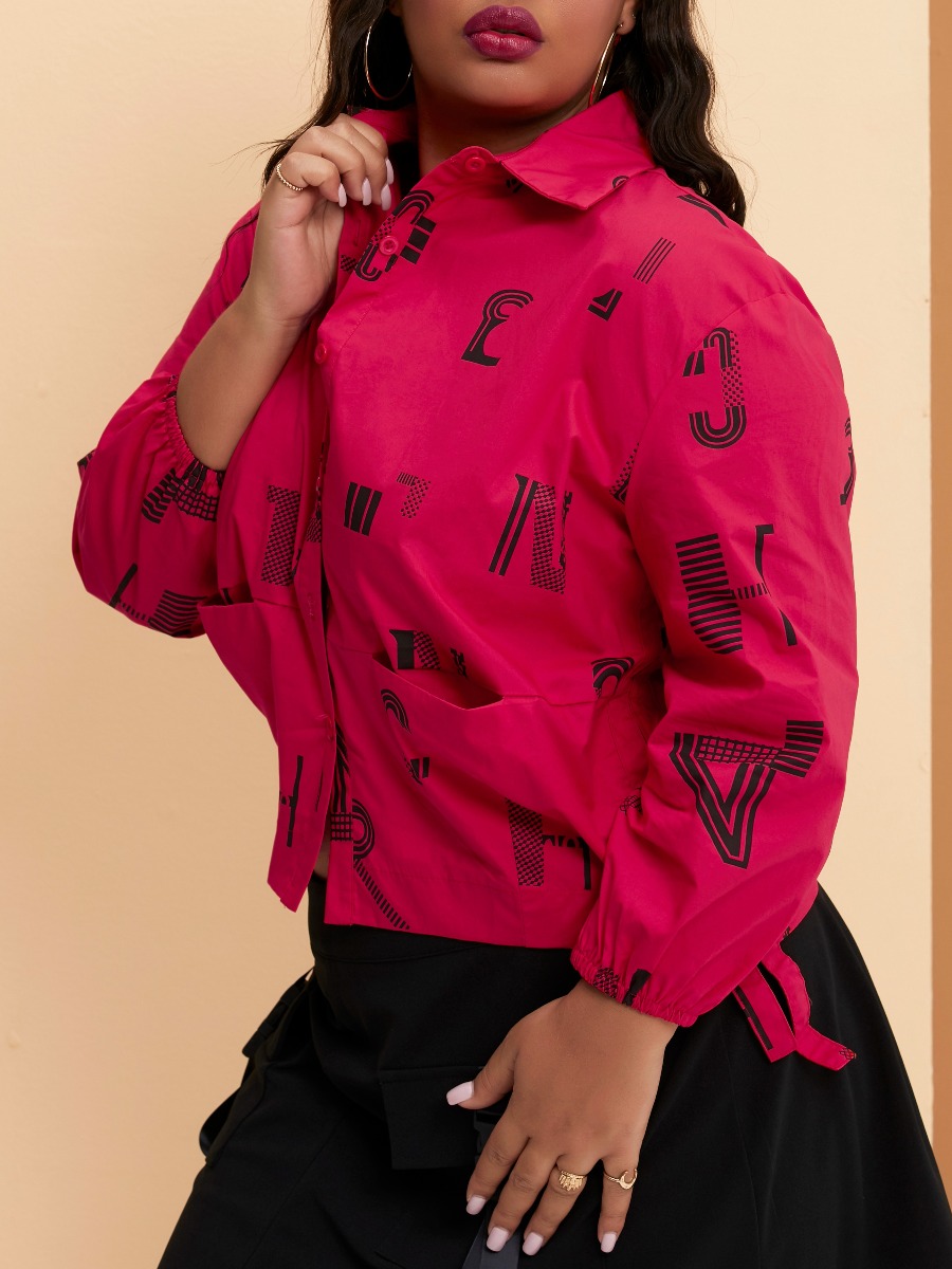 

lovely Leisure Turndown Collar Print Red Plus Size Coat