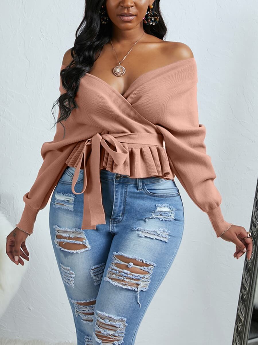 

Lovely Casual V Neck Fold Design Pink Sweater