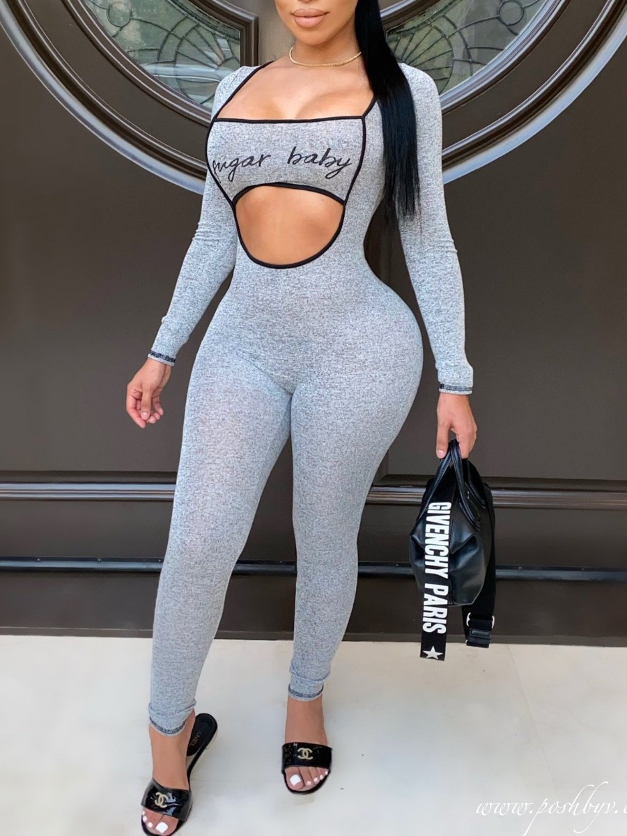 

lovely Sexy Letter Print Hollow-out Grey One-piece Jumpsuit