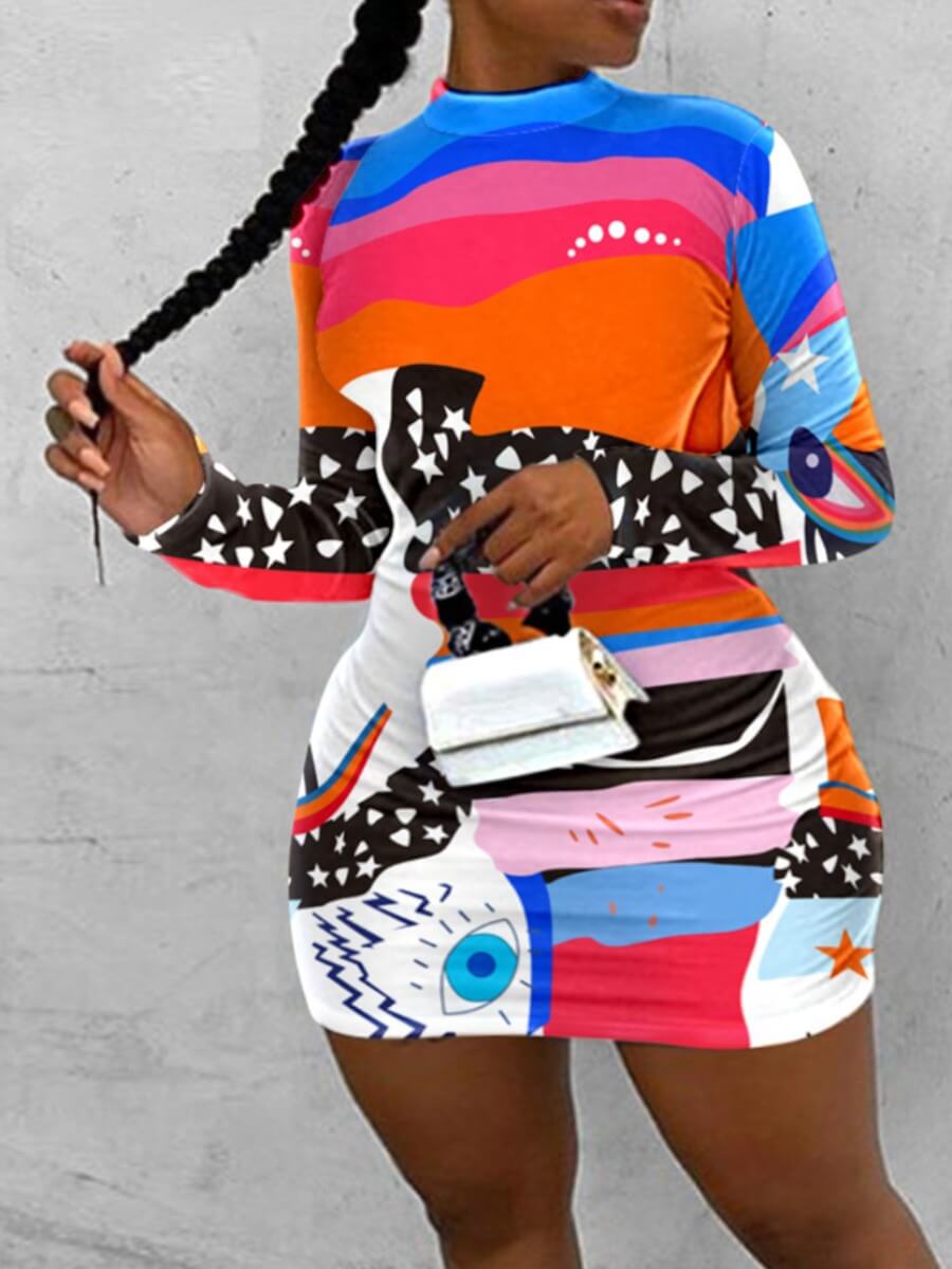 

Lovely Plus Size Casual O Neck Print Multicolor Mini Dress, Multi
