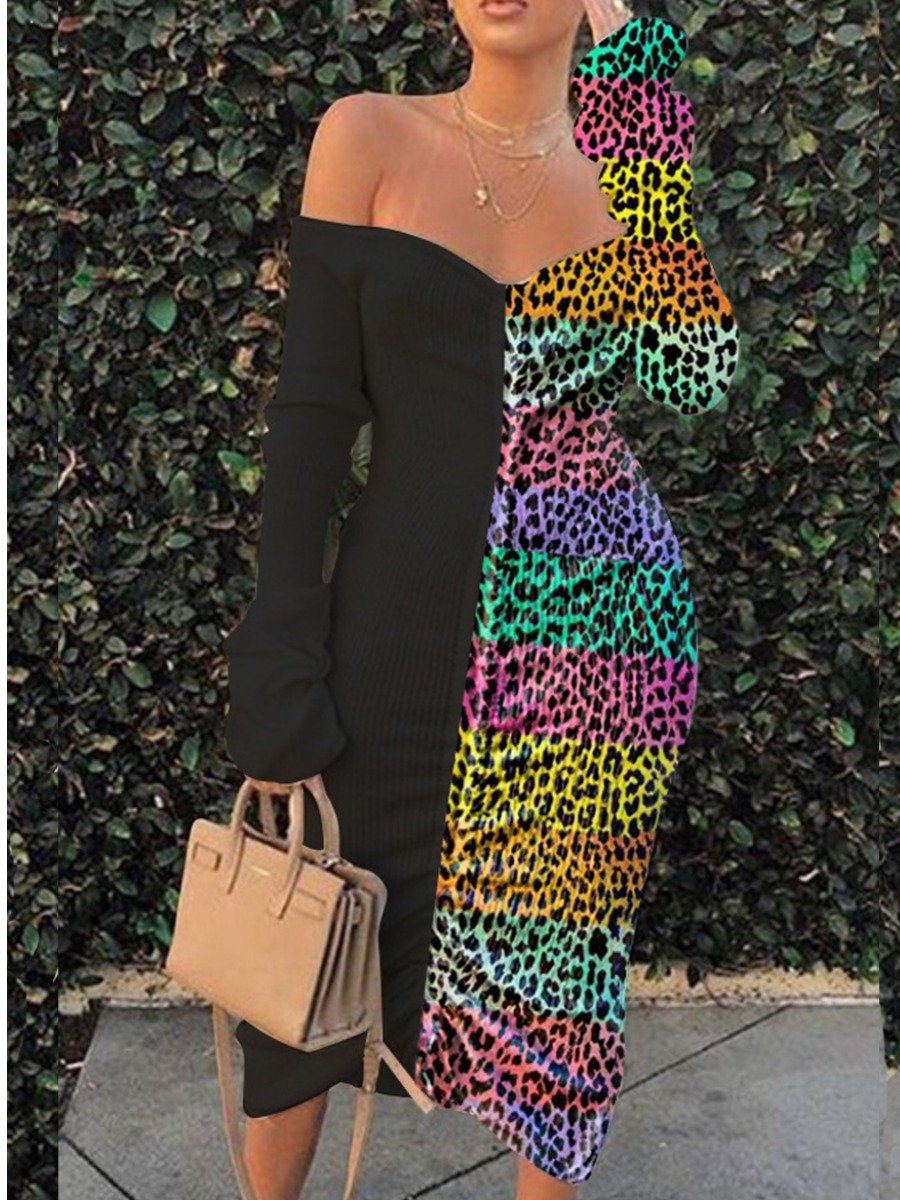 

lovely Street Dew Shoulder Leopard Print Patchwork Black Mid Calf Dress