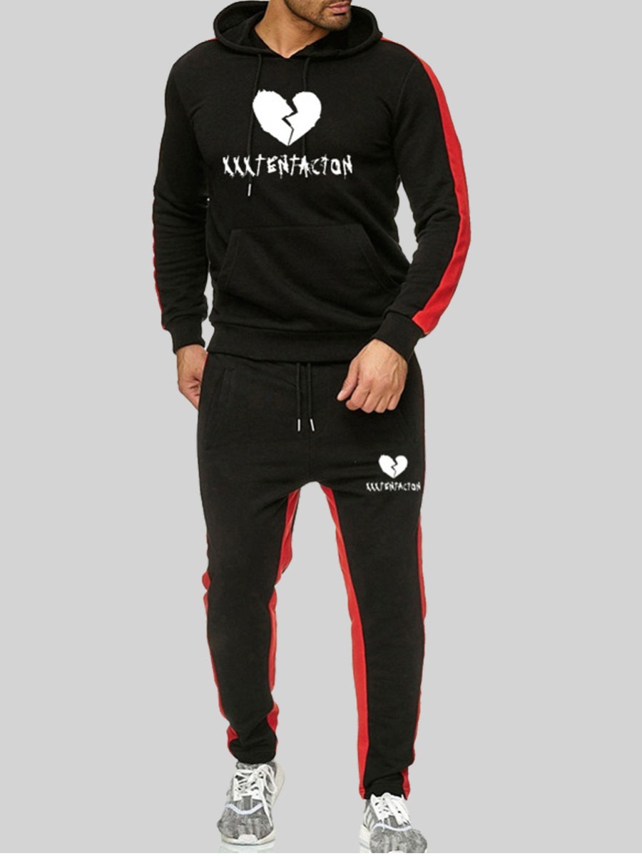 

lovely Sportswear Hooded Collar Print Black Men Two-piece Pants Set