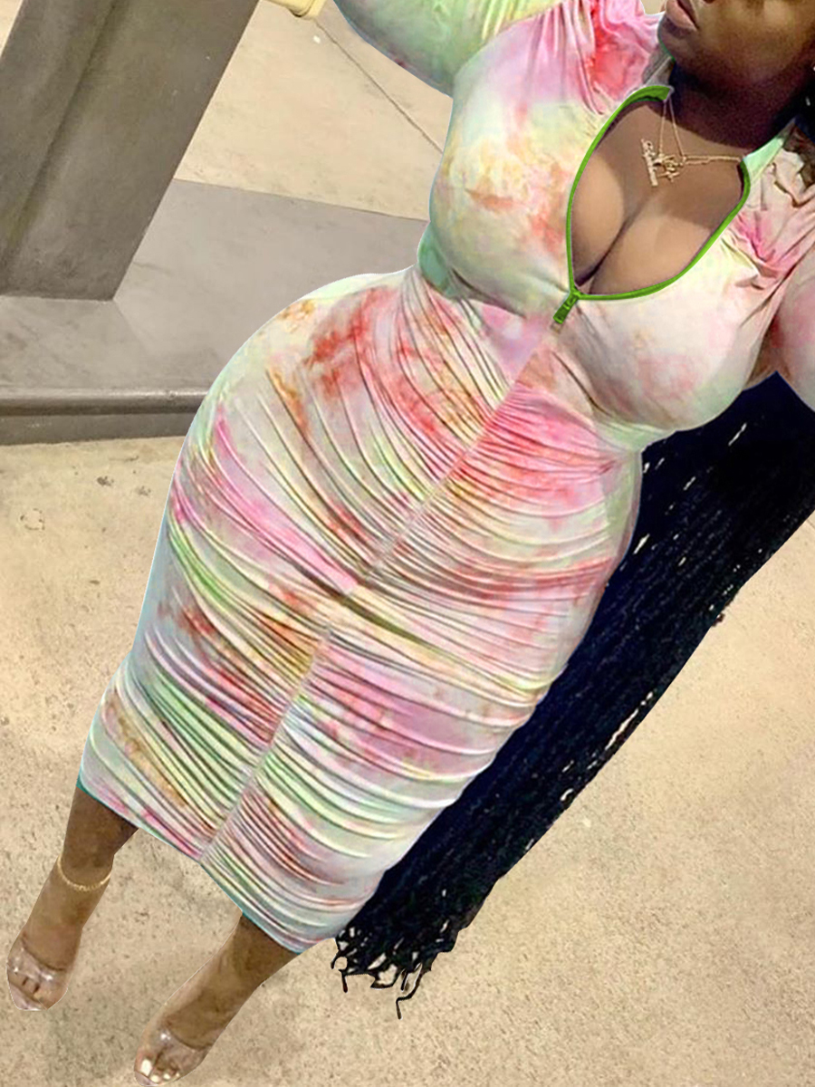 

Lovely Trendy Tie-dye Zipper Design Pink Mid Calf Plus Size Dress