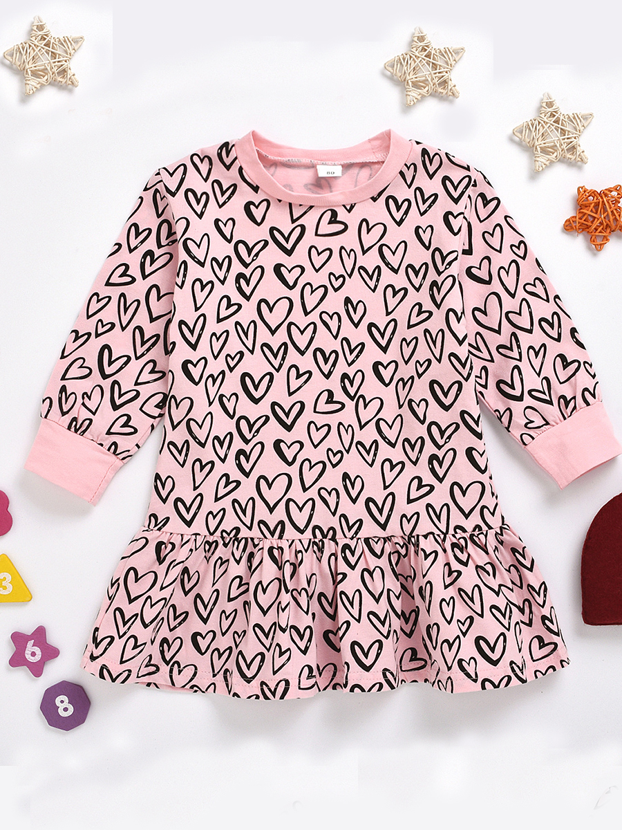 

lovely Sweet O Neck Heart Print Pink Girl Mini Dress