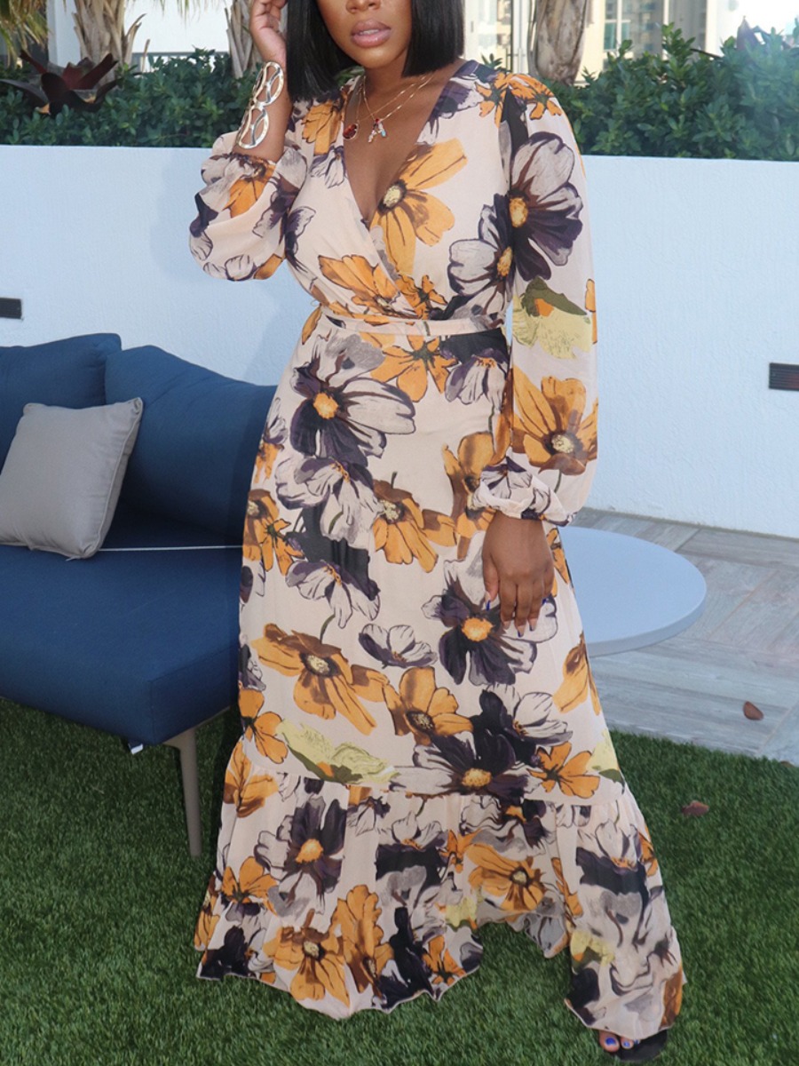 

lovely Stylish V Neck Floral Print White Maxi Dress