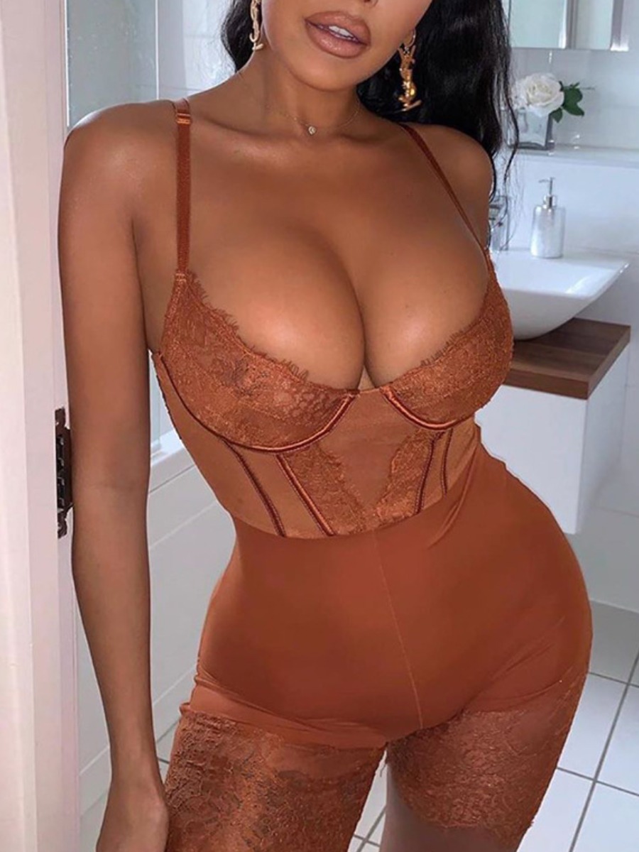 

lovely Sexy Lace See-through Coffee Sleepwear