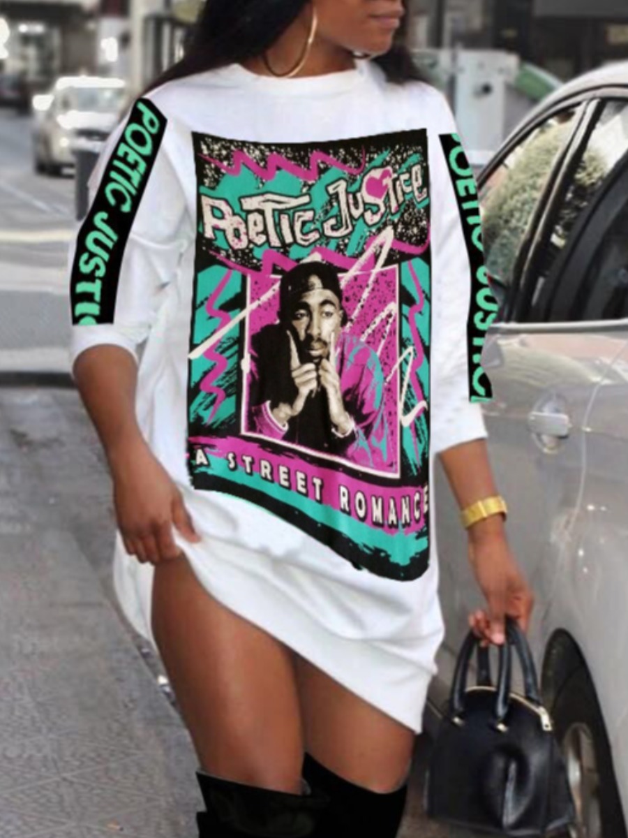 

lovely Street O Neck Print White Mini Dress