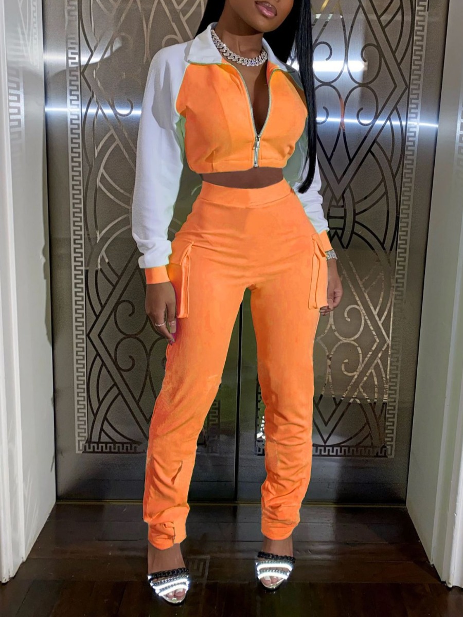 

LW Turndown Collar Patchwork Tracksuit Pants Set, Orange