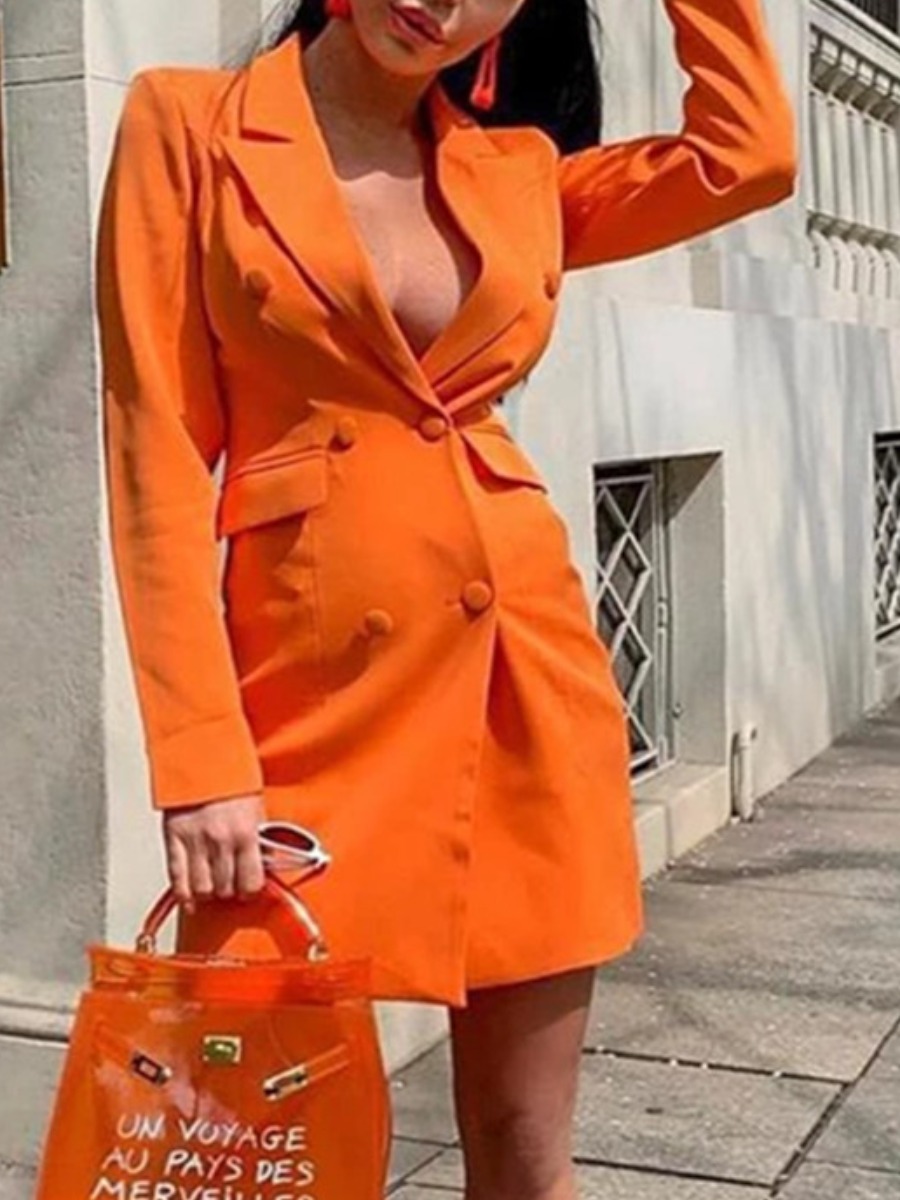

lovely Trendy Turndown Collar Buttons Design Orange Mini Dress