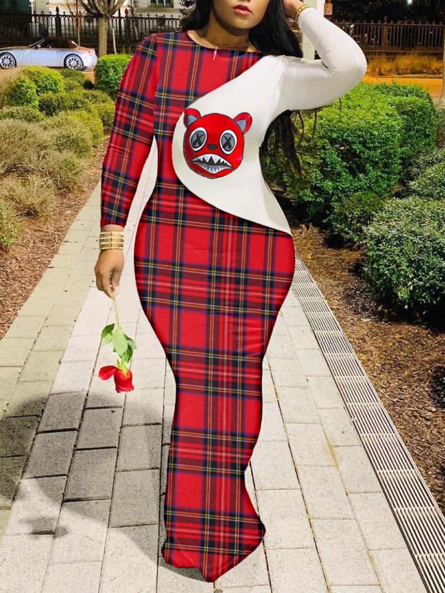 

lovely Trendy O Neck Print Patchwork Red Maxi Dress