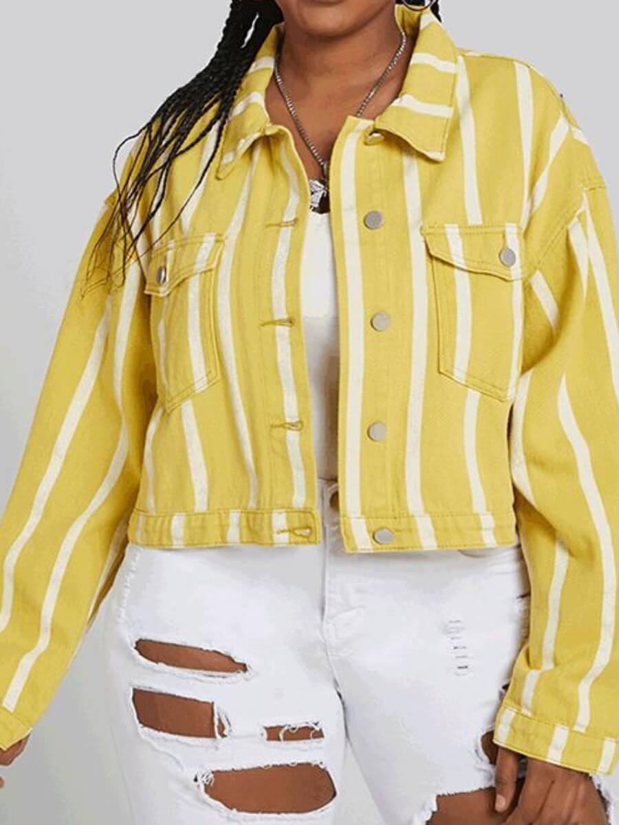 

Lovely Trendy Turndown Collar Striped Yellow Denim Jacket