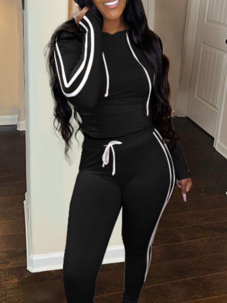 

lovely Casual Hooded Collar Patchwork Black Two Piece Pants Set