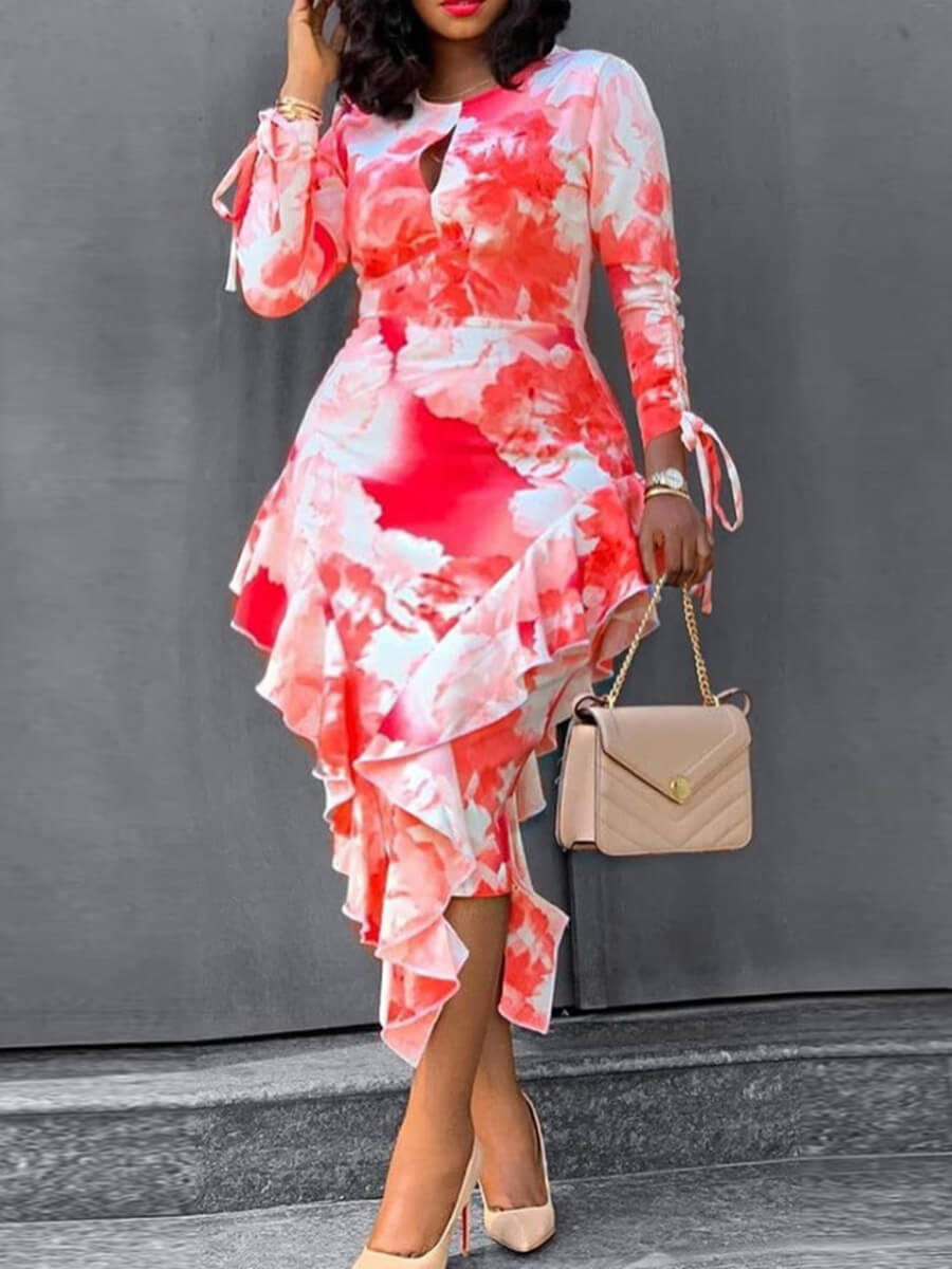 

Lovely Trendy O Neck Print Red Mid Calf Plus Size Dress