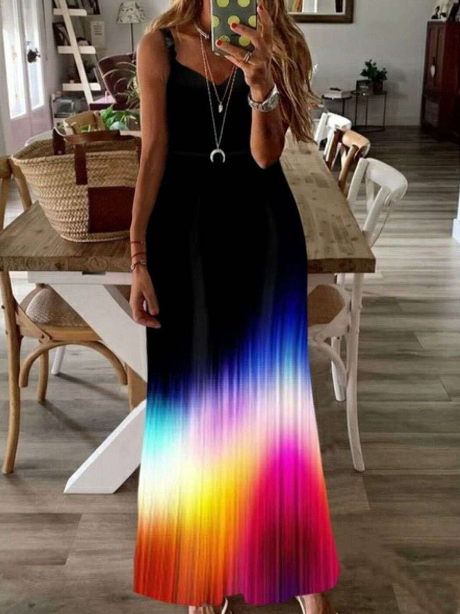 

Lovely Stylish Spaghetti Strap Gradient Print Black Ankle Length Plus Size Dress