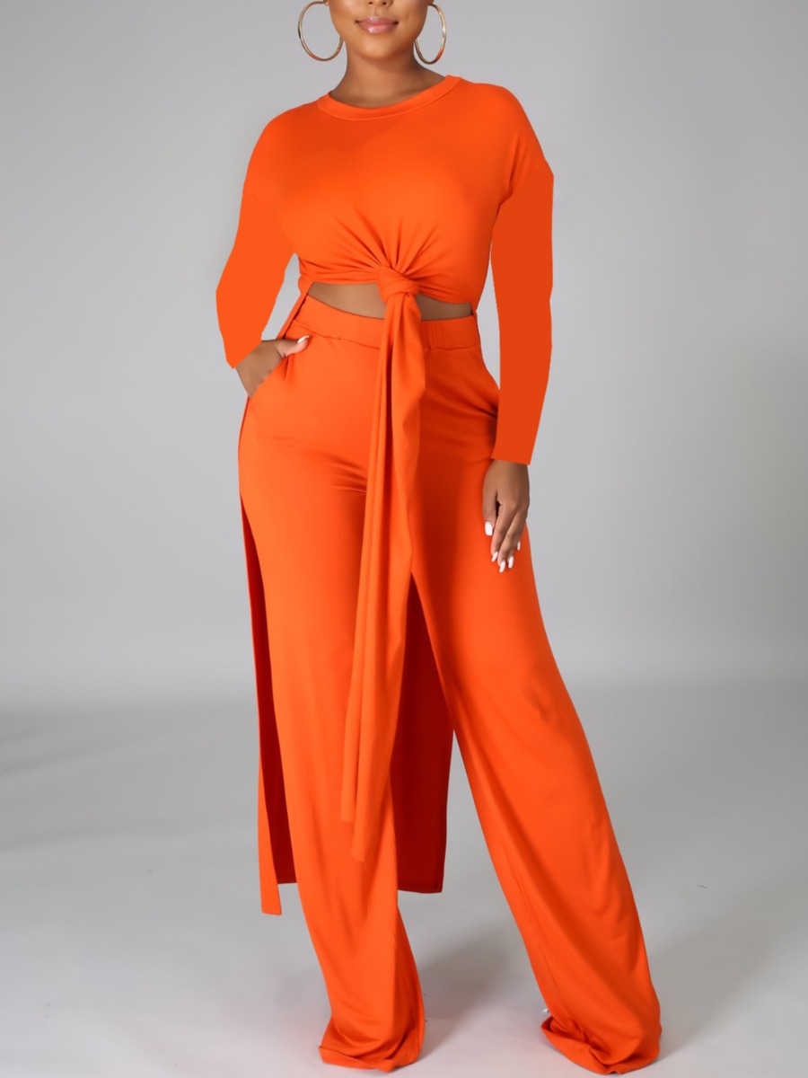 

lovely Trendy O Neck Side High Slit Jacinth Two Piece Pants Set