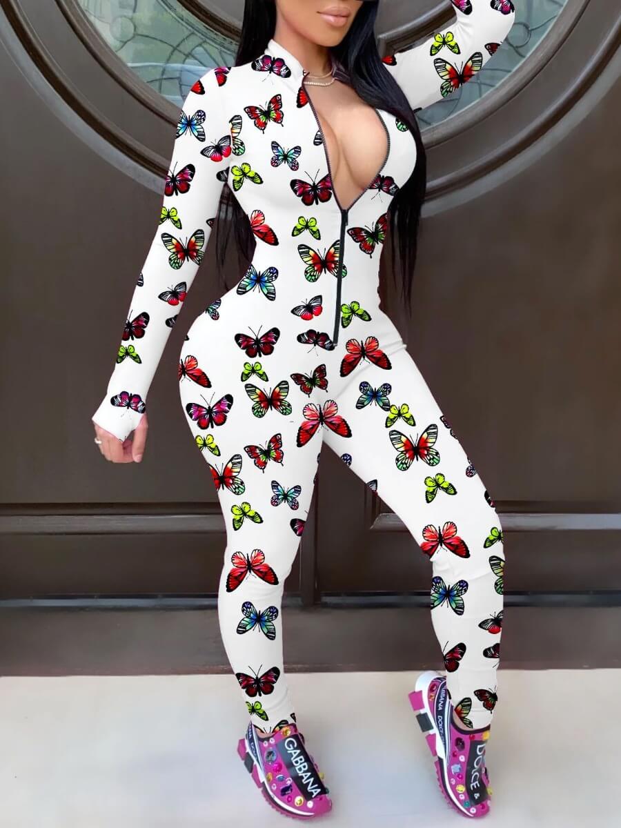 

lovely Sportswear Butterfly Print Zipper Design White One-piece Jumpsuit