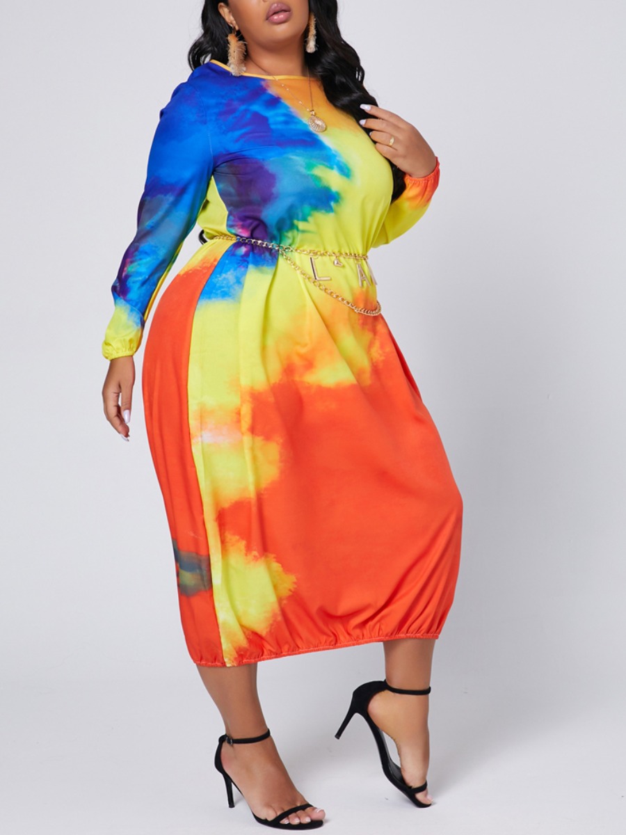 

lovely Trendy O Neck Tie-dye Orange Ankle Length Plus Size Dress