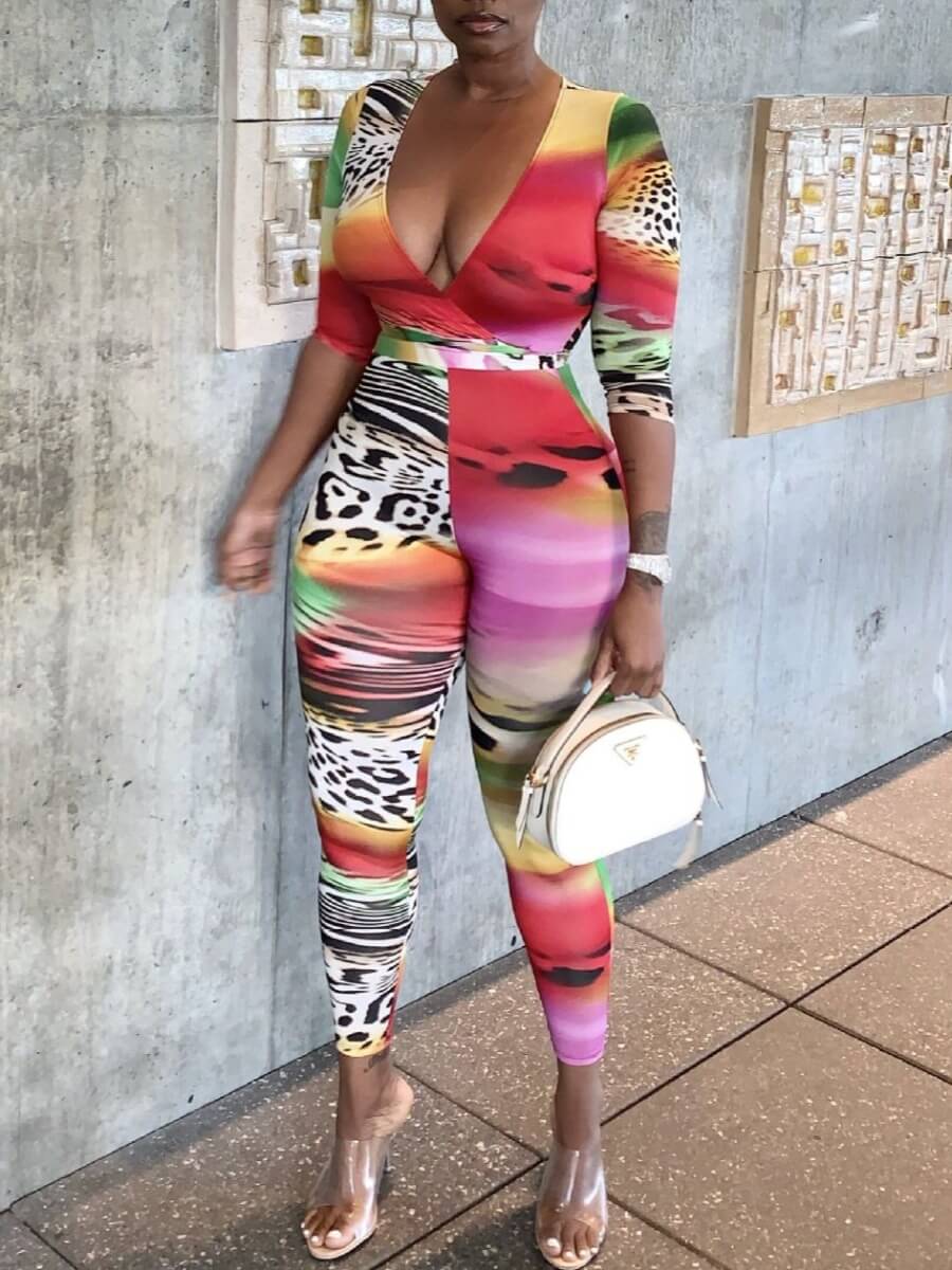 

lovely Stylish V Neck Print Multicolor One-piece Jumpsuit, Multi