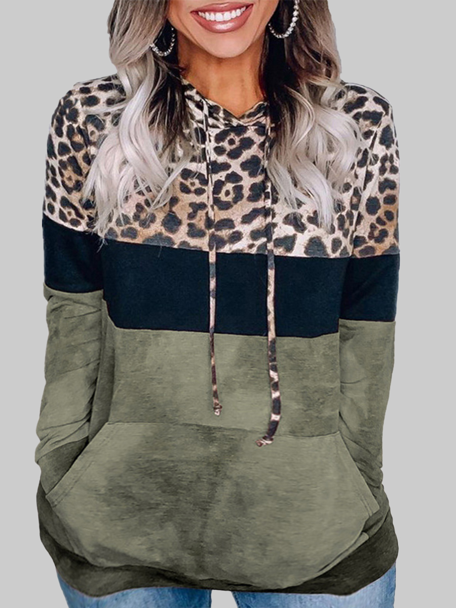 

lovely Street Hooded Collar Leopard Print Patchwork Plus Size Hoodie, Green
