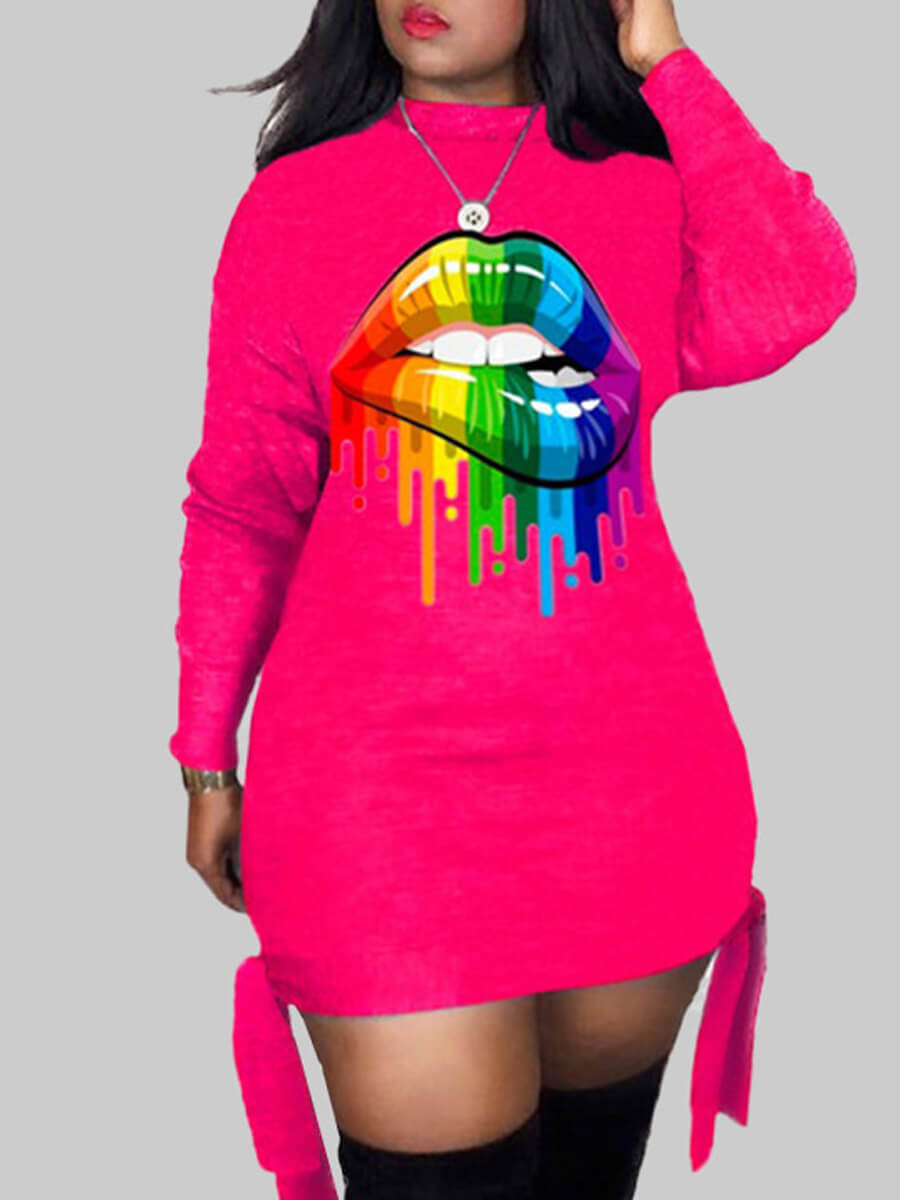 

Lovely Street O Neck Lip Print Rose Red Mini Plus Size Dress