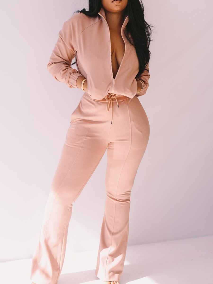 

lovely Sportswear Zipper Design Drawstring Pink One-piece Jumpsuit