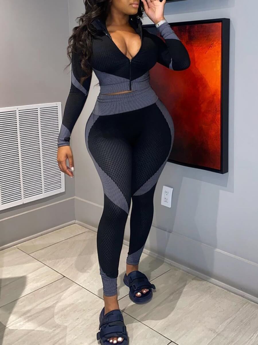 

Lovely Sportswear Patchwork Zipper Design Black Plus Size Two-piece Pants Set