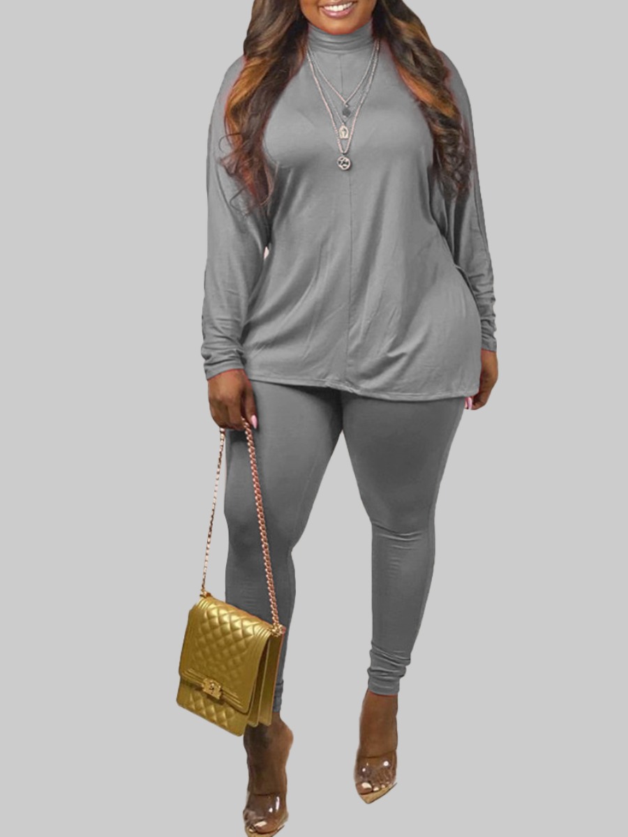 

lovely Casual Turtleneck Side Slit Grey Plus Size Two-piece Pants Set