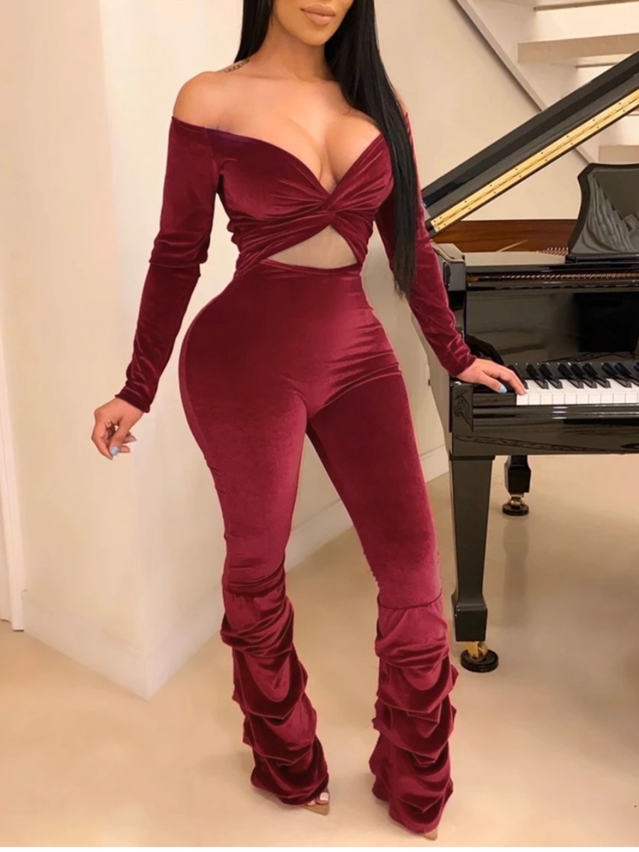 

Lovely Sexy Dew Shoulder Fold Design Red Two Piece Pants Set