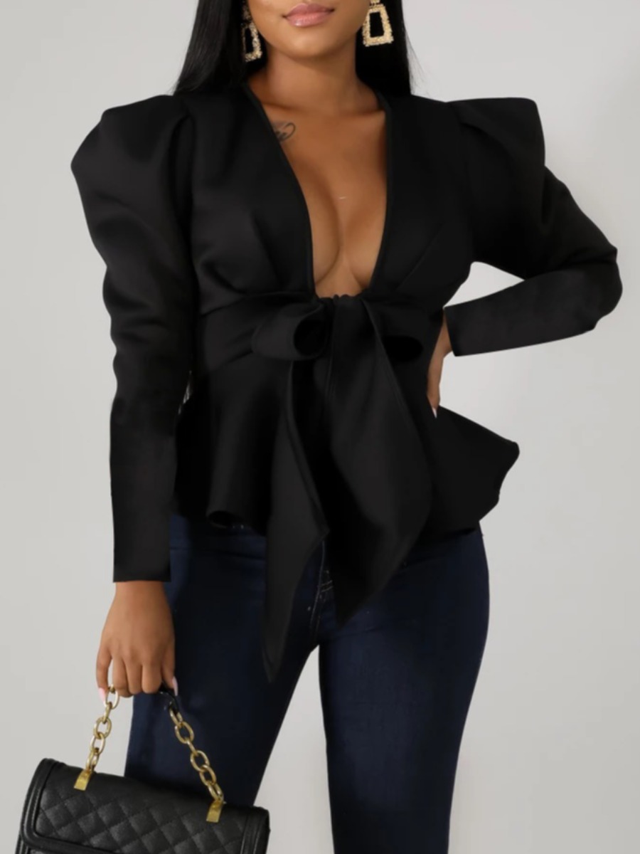 

lovely Stylish V Neck Flounce Design Black Coat