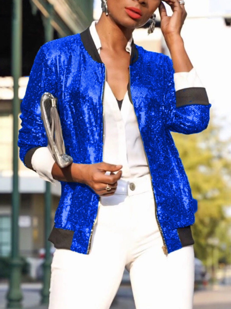 

lovely Sportswear Zipper Design Sequined Blue Jacket