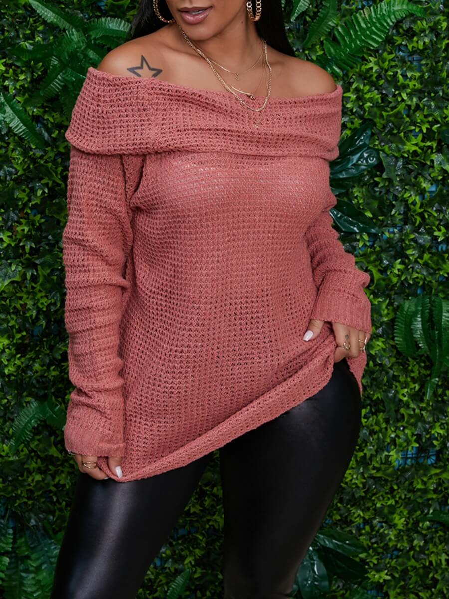 

Lovely Casual Dew Shoulder Brick Red Loose Sweater