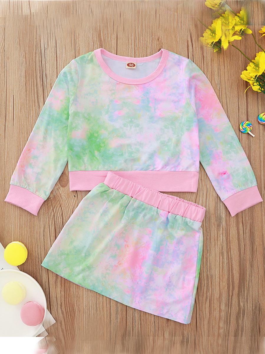 

lovely Trendy O Neck Tie-dye Multicolor Girl Two-piece Skirt Set, Multi