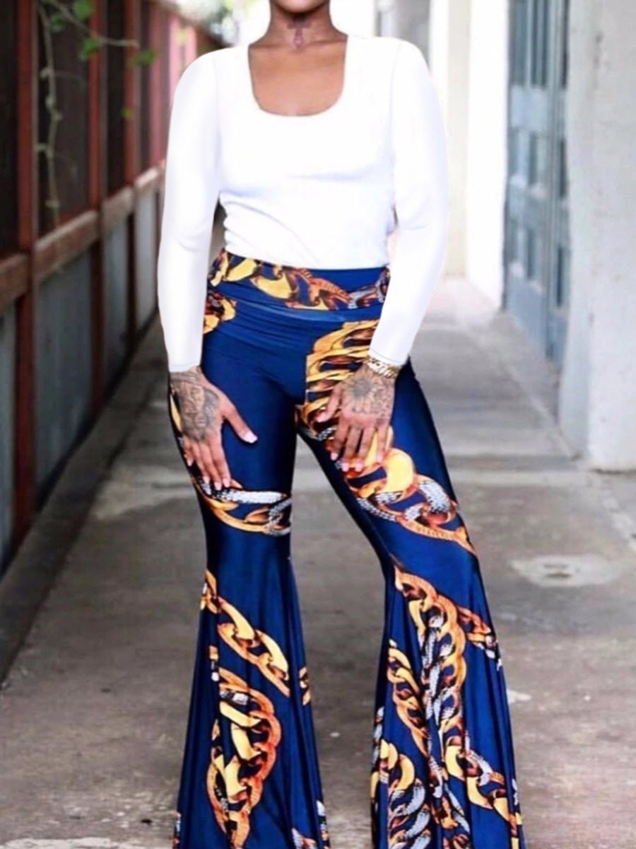 

lovely Trendy U Neck Print Blue Two Piece Pants Set