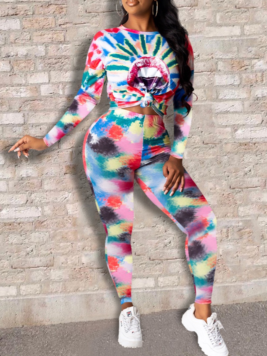 

lovely Trendy O Neck Lip Tie Dye Blue Two Piece Pants Set(Batch Tie Dye
