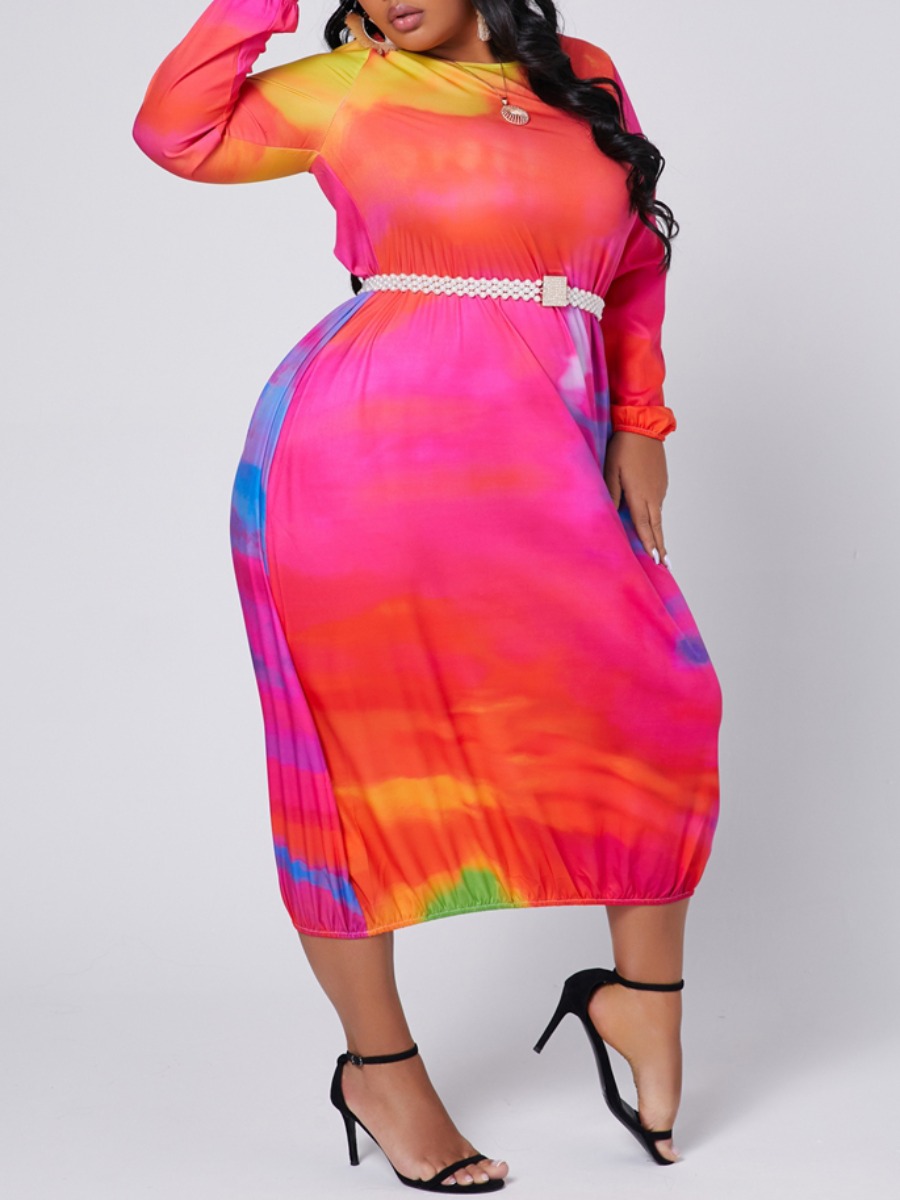 

lovely Trendy O Neck Tie-dye Pink Ankle Length Plus Size Dress