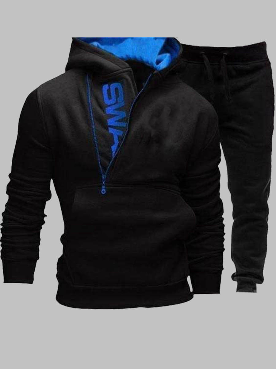 LW Men Letter Print Kangaroo Pocket Tracksuit Set