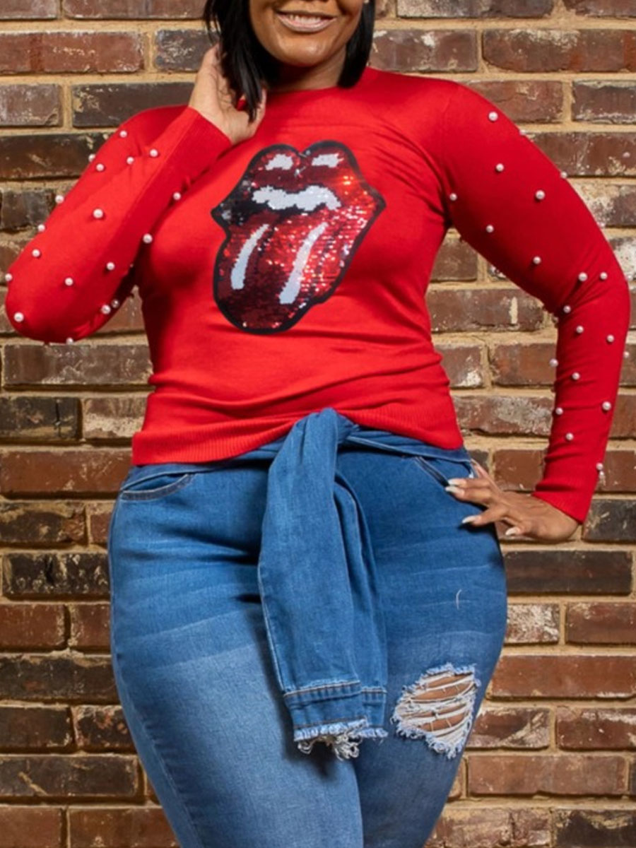 

lovely Casual O Neck Lip Print Red Plus Size T-shirt