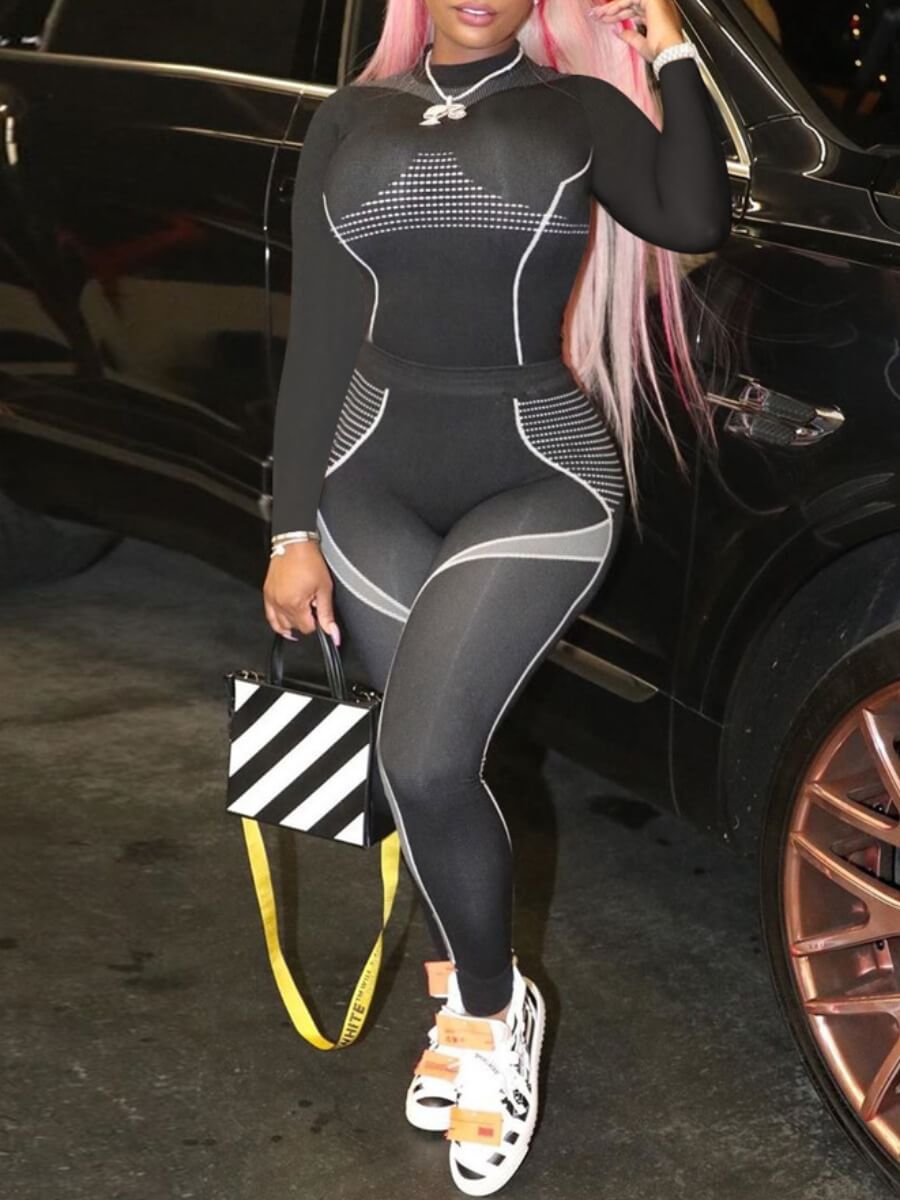 

LW Sportswear O Neck Patchwork Black Two Piece Pants Set