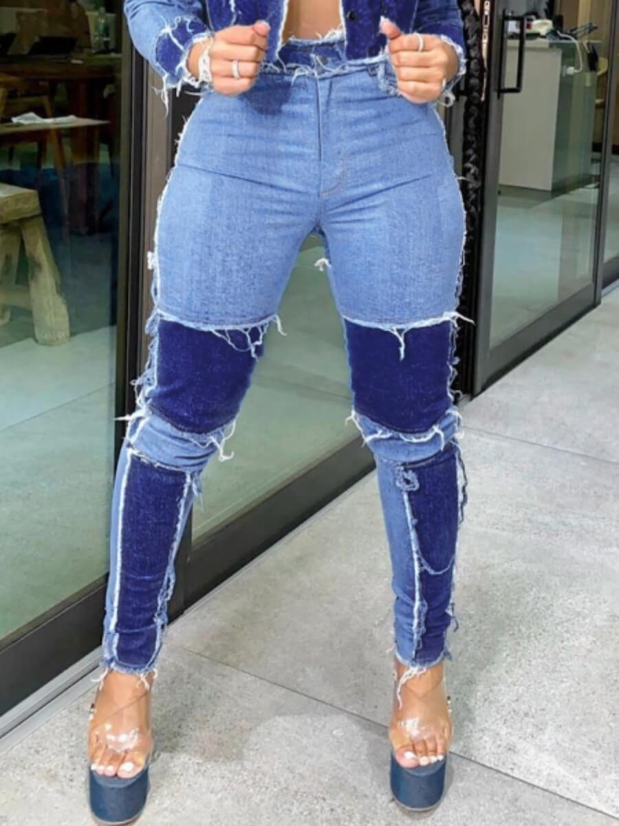 

LW High Stretchy Patchwork Blue Jeans