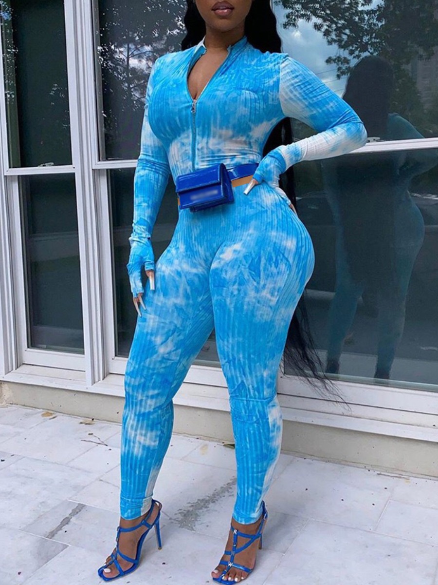 

lovely Trendy Tie Dye Blue Zipper Design Blue Two Piece Pants Set