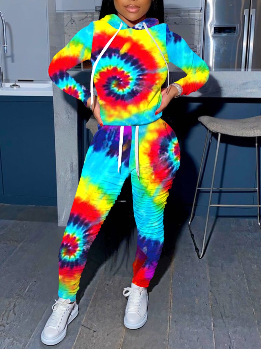 

lovely Trendy Hooded Collar Tie Dye Yellow Two Piece Pants Set