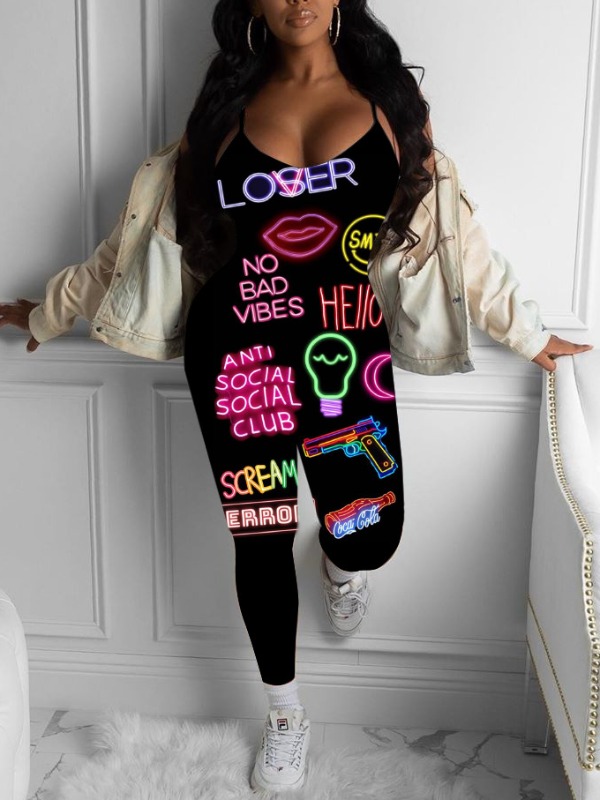 

lovely Sportswear Letter Print Black One-piece Jumpsuit