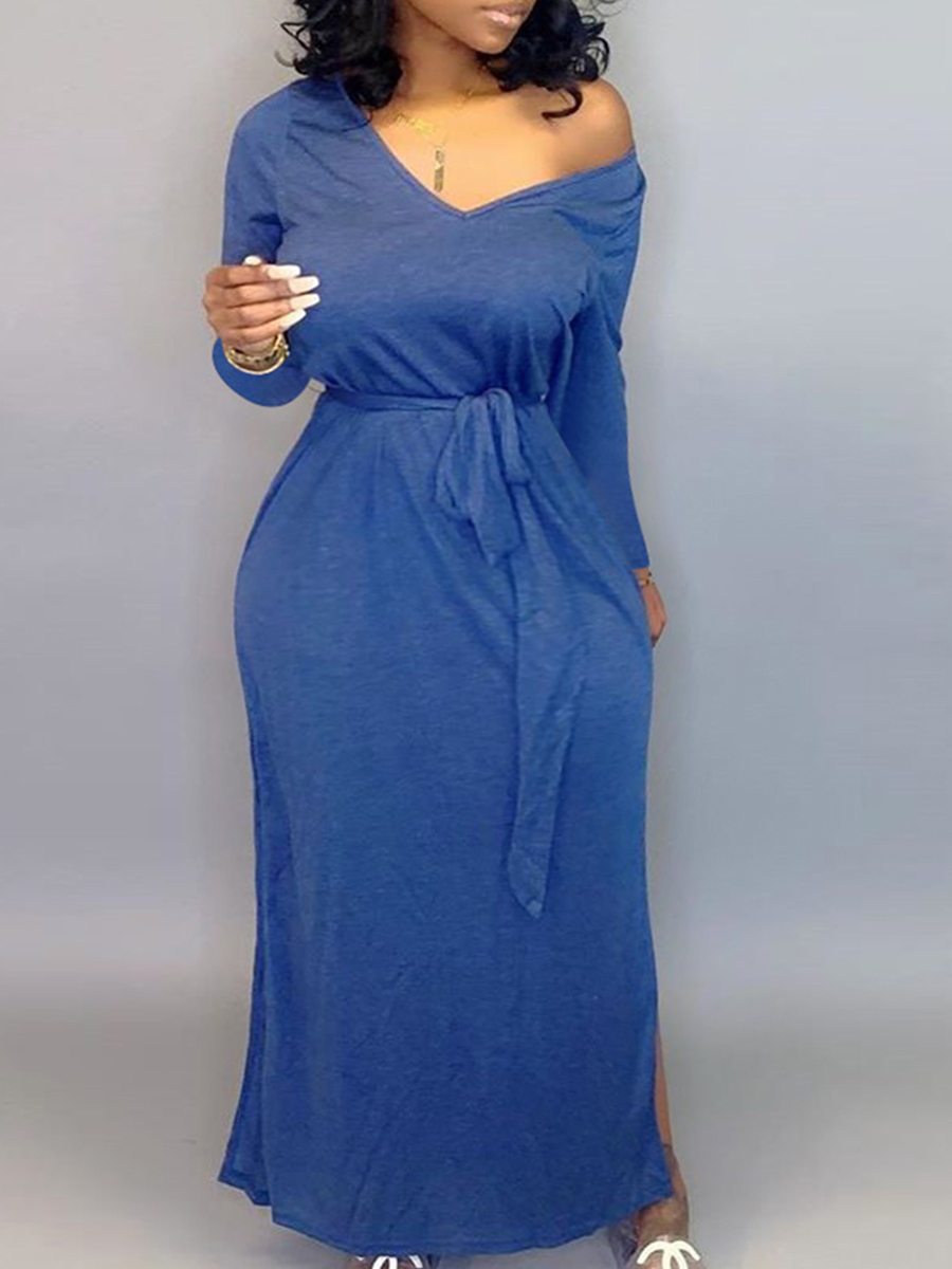 

lovely Casual V Neck Lace-up Blue Ankle Length Plus Size Dress
