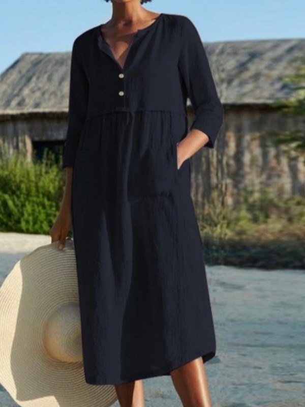 

lovely Casual Buttons Design Black Knee Length Plus Size Dress